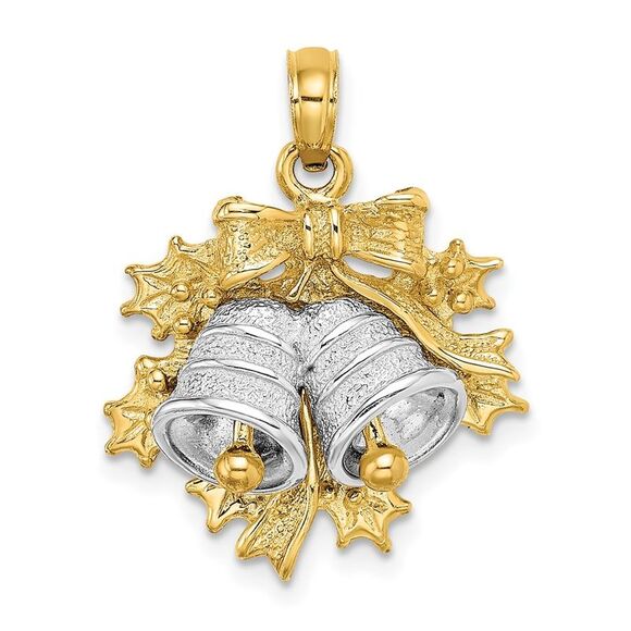 14k Yellow Gold Two-Tone 3-D Christmas Bell & Holly Charm